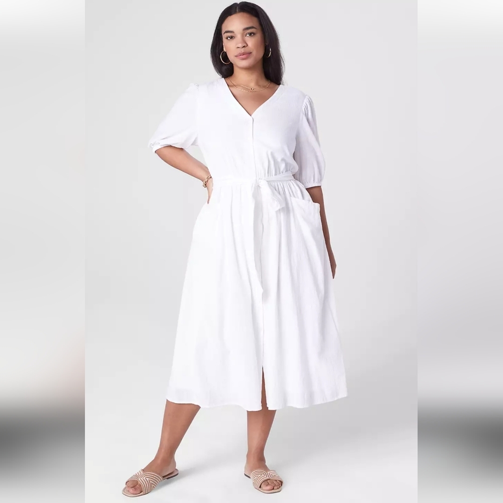 Lane Bryant Cotton White V-Neck Midi Dress with Tie Waist